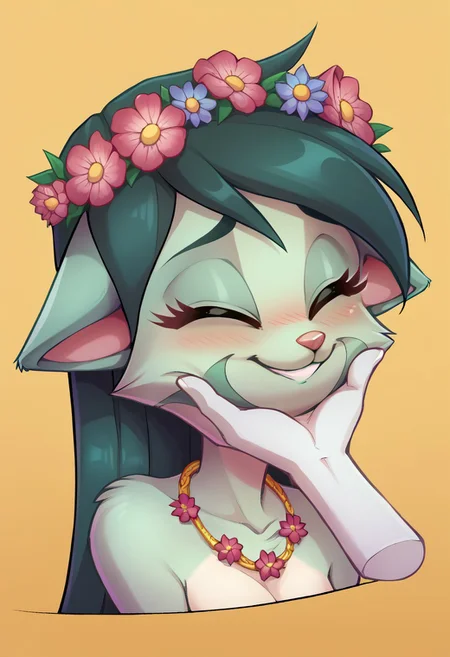 score_9, score_8_up, score_7_up, source_anime, BREAK
lilith_calah, 1girl, furry female, furry, solo, tail, animal ears,
blushing, bust, cute, eyes closed, floppy ears, floral head wreath, floral necklace, flower in hair, high-res, smiling, (((disembodied hand caressing face)))