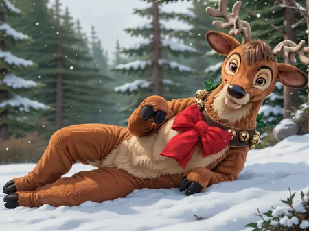 cinematic film still <lora:J_cartoon:0.4> j_cartoon, <lora:DsnyReindeer:0.8>, DsnyRndr, source_furry, ((anthro)), solo, fluffy, detailed fur, male, reindeer, anthro, brown fur, harness, brown eyes, red bow, bells, antlers, hooves, (detailed eyes), ((half-closed eyes)), (((looking at viewer:1.3))), (laying on side), (((snowy forest))), detailed background, . shallow depth of field, vignette, highly detailed, high budget, bokeh, cinemascope, moody, epic, gorgeous, film grain, grainy