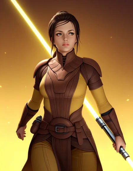 Masterpiece, high-res, 2k, best quality, 2.5d, realistic, 1 girl, bastila shan <lora:bastila_shan_illus-000034:1> holding a yellow lightsaber