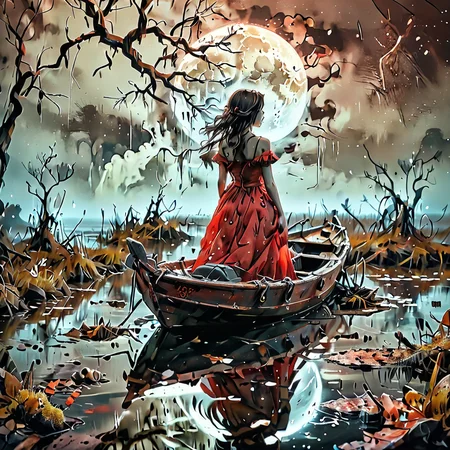linquivera, Ink illustration, (anime:0.5), brown tones, aged black red paper, inkpunk, moonlight,surreal, a ghost standing on a boat in swampy wetlands, (at a distance), Will-o'-the-wisp, moonlit, lonely, solitude, windy, tall trees, willows, willowy, OverallDetail, extremely detailed, UHD,(long exposure , dystopian but extremely beautiful:1.4),     43stl1ght1ng, low light, dramatic lighting, darkness, water, reflection,   mkitdecy,    <lora:43stl1ght1ngXLP2:0.8>,<lora:- SDXL - mkitdecy_let_it_decay_V1.0:0.8>,<lora:Concept Art Twilight Style SDXL_LoRA_Pony Diffusion V6 XL:1>,<lora:Cute_Collectible:1>,<lora:MJ52:0.4>