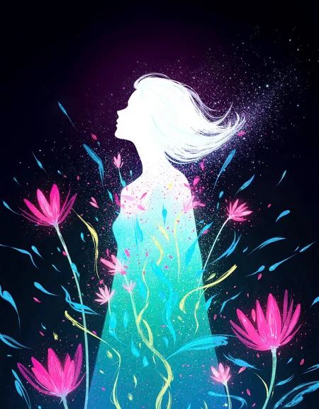 solo, woman, luminous white silhouette, neon flowers, magenta petals, cyan glow, emerald highlights, flickering outline, dreamlike movement, rippling colors, drifting embers, infinite black background, psychedelic colors, ethereal, futuristic surrealism ,gw, glowing, night, night sky, trippy. The painting is in the style of umesky. <lora:ume_sky_v2:1>