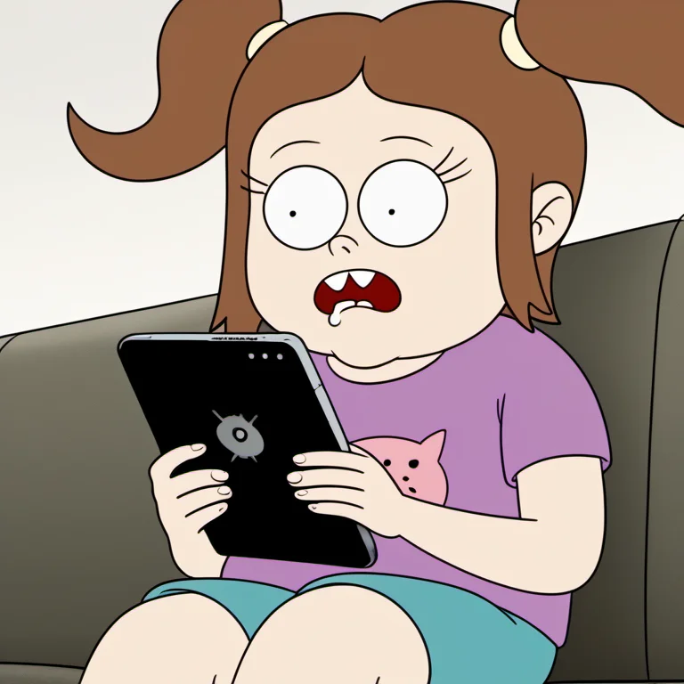 solo, 1girl, cecan1, brown hair, purple t-shirt, shorts, twintails, sitting on couch, holding ipad, looking down, ipad, drooling, expressionless, buck teeth, from below, pov, child, <lora:cecan1-000009:1>,