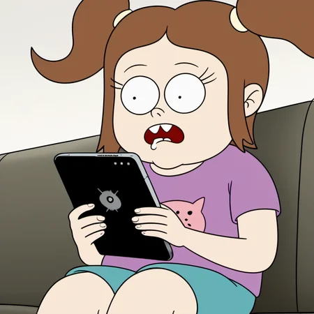 solo, 1girl, cecan1, brown hair, purple t-shirt, shorts, twintails, sitting on couch, holding ipad, looking down, ipad, drooling, expressionless, buck teeth, from below, pov, child, <lora:cecan1-000009:1>,