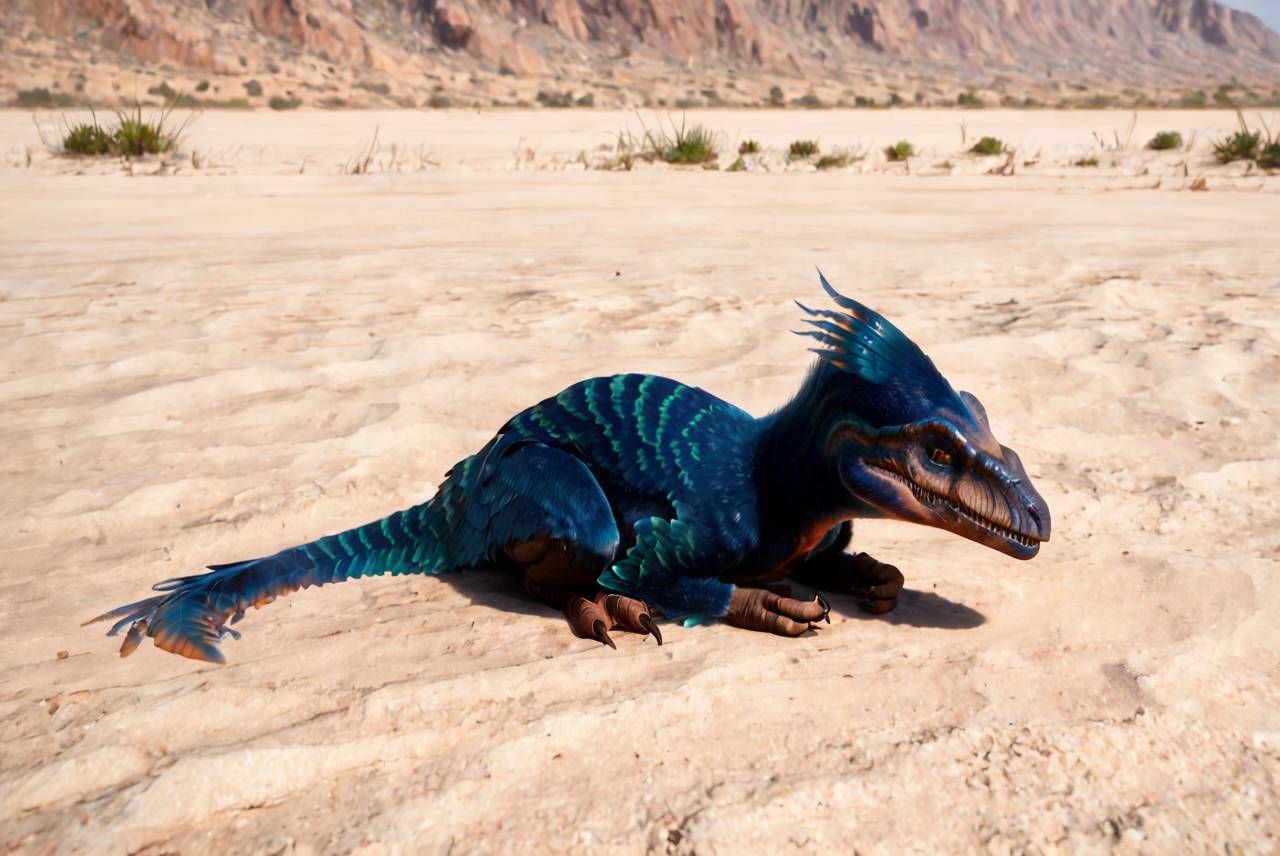 source_furry, score_9, score_8_up, score_7_up, (pyroraptor_jwe, dinosaur, feral), scalie, detailed scales, feathers, detailed feathers, blue feathers, orange feathers, multicolored feathers, feathered arms, yellow eyes, slit pupils, detailed eyes, teeth, sharp teeth, claws, digitigrade legs, tail, <lora:JWE_PyroraptorPony:0.8>, outdoors, desert, lying on stomach, sky, sunshine, zPDXL2, zPDXLpg, zPDXLrl, best quality, highly detailed, extreme details, masterpiece, photorealistic, hyperrealistic, ultra realistic, hdr, 4k, uhd, ray tracing, shaded