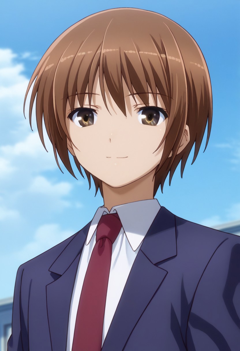score_9, score_7_up, source_anime 
subaruhasegawa, 1boy, male focus, solo, brown eyes, brown hair, school uniform, shirt, white shirt, collared shirt, necktie, red necktie, jacket, blazer, blue jacket, smile
outdoor, sky,
