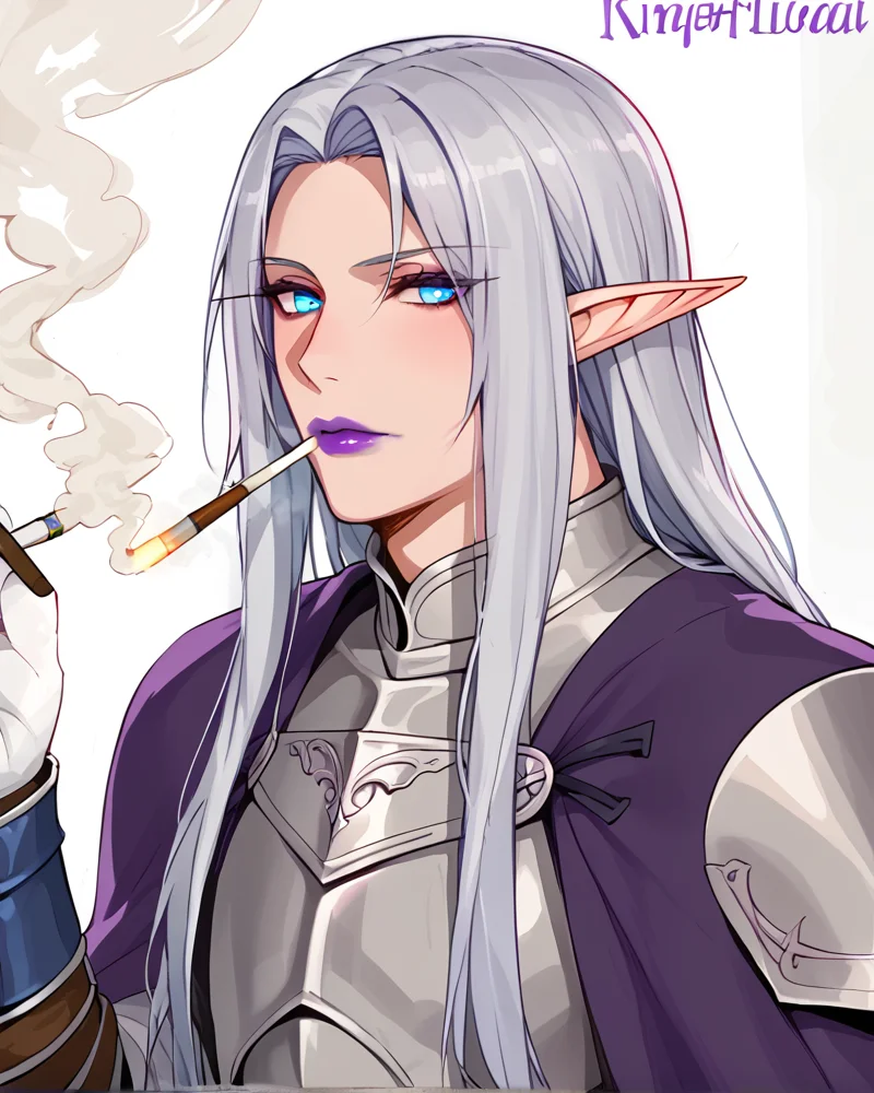 <lora:laserflip_style_FORPONY:1>solo, 1boy, elf, knight, silver hair, long hair, smoking, purple lipstick, blue eyes, anoyed
