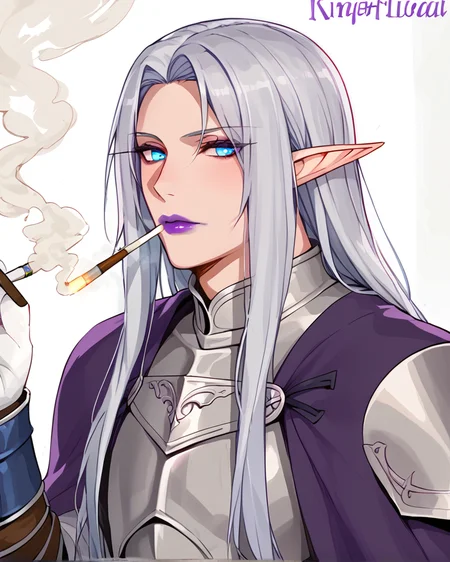 <lora:laserflip_style_FORPONY:1>solo, 1boy, elf, knight, silver hair, long hair, smoking, purple lipstick, blue eyes, anoyed