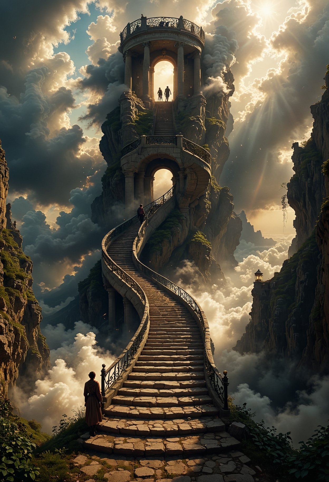 A surreal depiction of the quest for equality, represented by a vast, ((endless staircase winding through the clouds)), with diverse people climbing together toward a shining, elusive doorway at the top. The scene blends elements of fantasy and reality, with barriers along the path symbolizing various social obstacles. The mood is hopeful yet challenging, with ethereal lighting and symbolic motifs scattered throughout.
OverallDetailXL <lora:SDXLFaeTastic2400:0.4> <lora:DetailMaximizer:0.55> detailmaximizer  <lora:Flux-style-xl-lora:0.7> flux-style