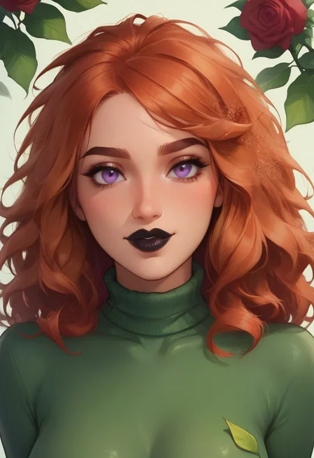 score_9, score_8_up, score_8, score_9, solo,1girl, 21 year old, sexy plant girl, green skin, dark orange hair, purple eyes, warm look, ((short neck:1.2)),leafy long hair, red roses, messy hair, small flowers in hair ,flowers in hair, black lipstick, sexy face, dark green wool turtleneck,mai tokiha