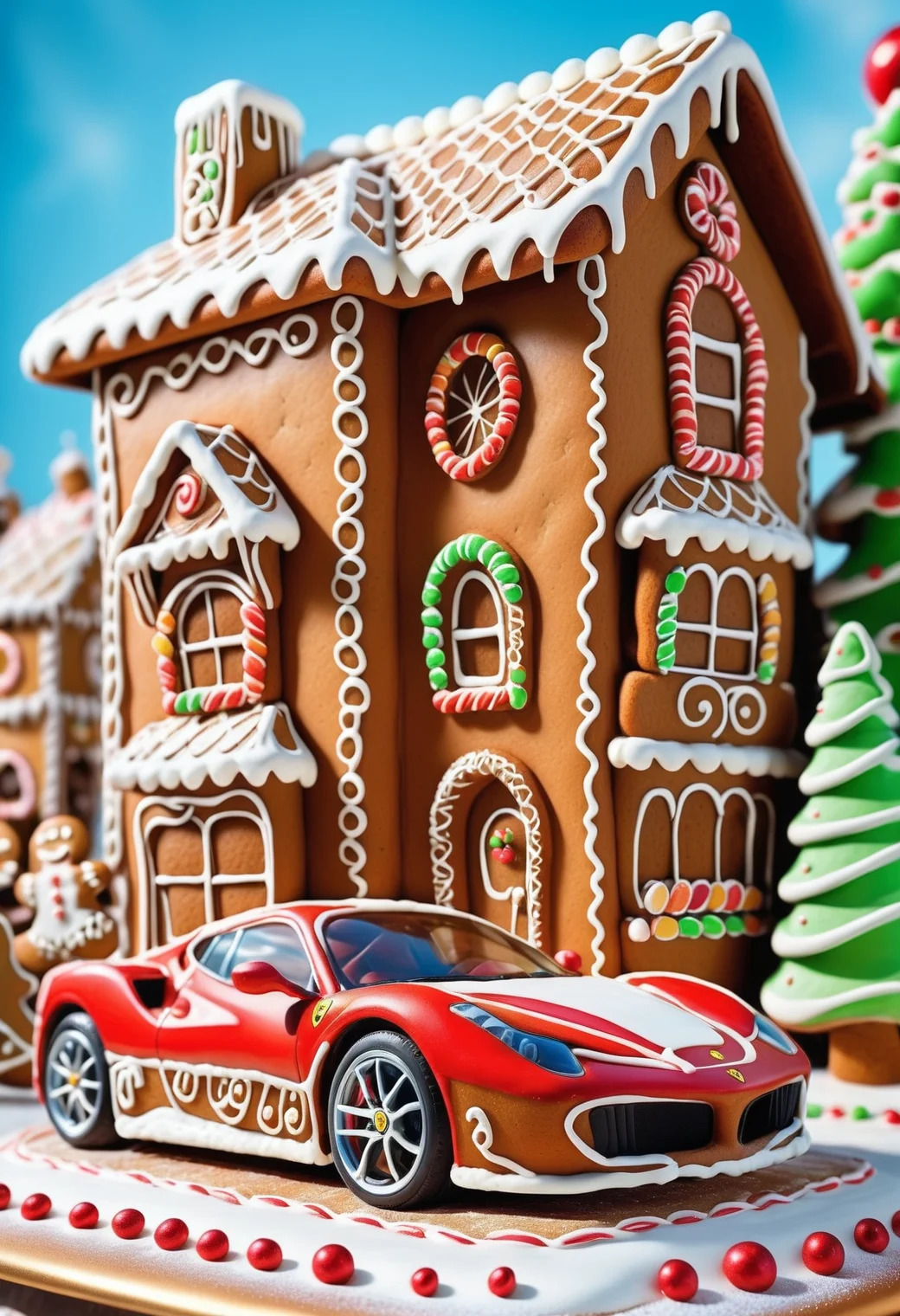 landscape of a cozy Bir and Ferrari, Memecore Art, Vibrant background, appealing, bold colors, masterpiece, very inspirational, <lora:GingerbreadStyle_epoch_10:0.8> Gingerbread, icing, candy, dynamic background, luxurious, stunning detail, warm light, fantastic aesthetic, gorgeous