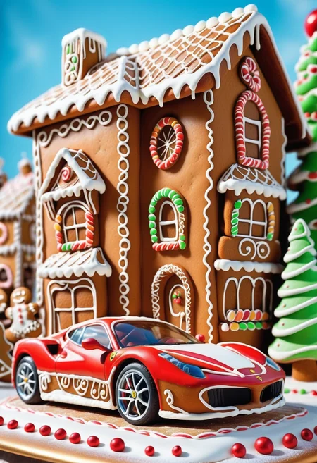 landscape of a cozy Bir and Ferrari, Memecore Art, Vibrant background, appealing, bold colors, masterpiece, very inspirational, <lora:GingerbreadStyle_epoch_10:0.8> Gingerbread, icing, candy, dynamic background, luxurious, stunning detail, warm light, fantastic aesthetic, gorgeous