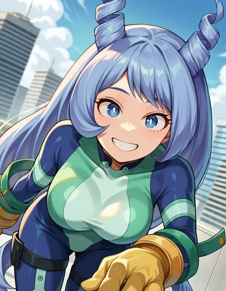 score_9, score_8_up, score_7_up, source_anime,
nejirehadou, <lora:nejire-hadou-ponyxl-lora-nochekaiser:1>
nejire hadou, blue eyes, blue hair, long hair, smile,
blue bodysuit, bodysuit, drill hair, gloves, green bodysuit, multicolored bodysuit, multicolored clothes, yellow gloves, horns,
outdoors, cityscape, bent over,
looking at viewer, dutch angle, cowboy shot,