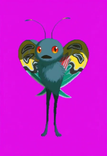 masterpiece, best quality, solo, looking at viewer, <lora:Dengeki_Bunko-illus_Fp:1>, full body, pixel art, simple background, <lora:Mothman-illus_Fp:1>, mothman, pokemon \(creature\), no humans, wings, antennae, open mouth,