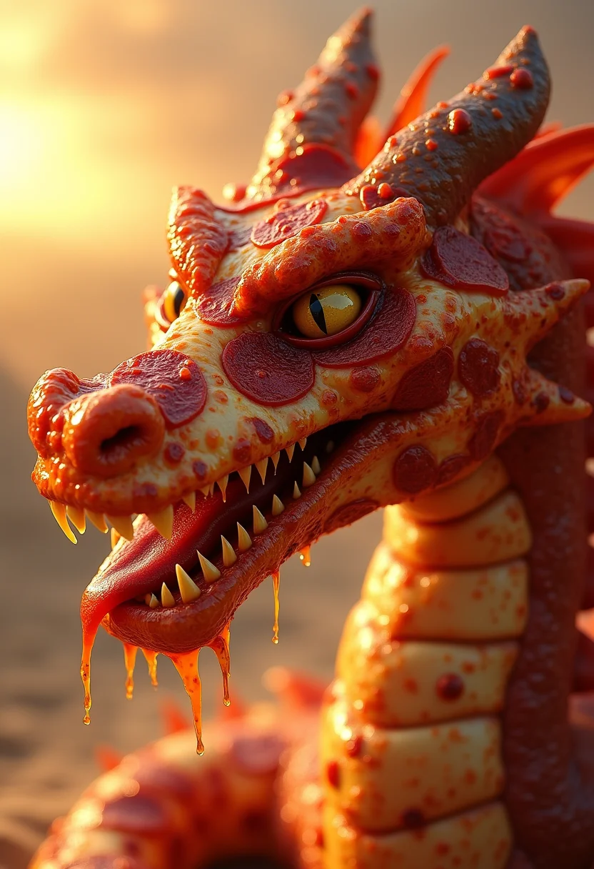 close up of the face of a pizza dragon hybrid made entirely of delicious (pepperoni:1.5) pizza with oily pepperonis all over its face, melting cheese with round oily pepperonis sliding off of its oily face and skin, pizza hut style cheese melting and oil dripping with its thick dragon body cheezy pepperoni covered oily thick crust, tomato sauce dripping in oil with pepperonis sliding off of the dragon skin, melted cheese and pizza grease and oil dripping from its mouth, oily snakelike pizza skin, pixar style, friendly but fierce face showing stuffed crust like teeth, windswept dunes, sunset, beautiful lighting, Dynamic, Stylish, Intricate, Expertly crafted, Ambient Lighting, reflection shot,