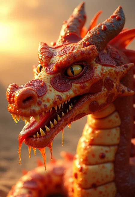 close up of the face of a pizza dragon hybrid made entirely of delicious (pepperoni:1.5) pizza with oily pepperonis all over its face, melting cheese with round oily pepperonis sliding off of its oily face and skin, pizza hut style cheese melting and oil dripping with its thick dragon body cheezy pepperoni covered oily thick crust, tomato sauce dripping in oil with pepperonis sliding off of the dragon skin, melted cheese and pizza grease and oil dripping from its mouth, oily snakelike pizza skin, pixar style, friendly but fierce face showing stuffed crust like teeth, windswept dunes, sunset, beautiful lighting, Dynamic, Stylish, Intricate, Expertly crafted, Ambient Lighting, reflection shot,