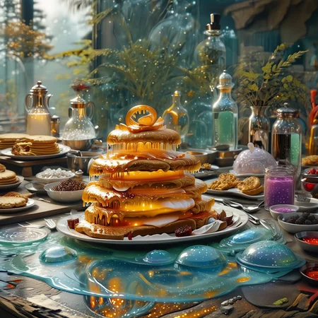 foodphoto, a stack of pancakes made out of slime, pancakes covered in syrup, a swirl of whipped topping on top of a stack of pancakes, plate made of slime, table made of slime,
natural light, no bright spots, 
((translucent slime)), ((transparent slime)), made of water, (bioluminescent slime), sl1m3, slime, slime-morph, ais-blmn, saturated colors, no creatures, no humans, no monsters, no pokemon, scenery only, scenery, ral-lava, watce