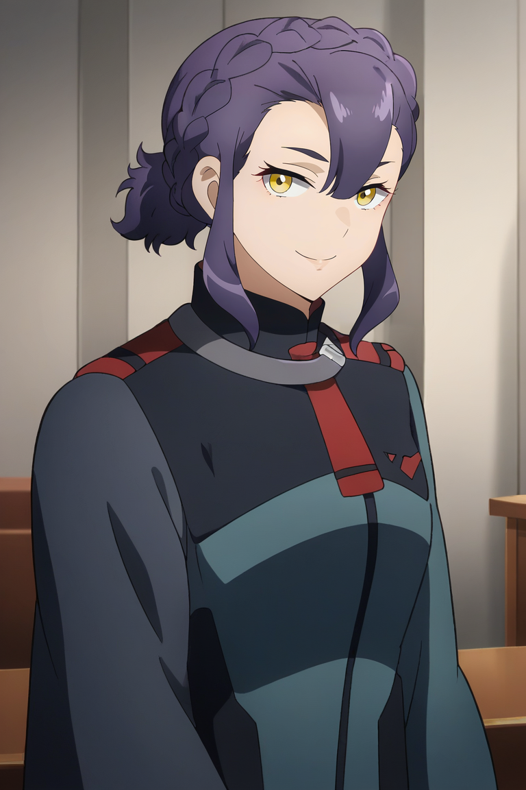 <lora:Sabina_Fardin:1>,sabina,1girl,braid,yellow eyes,purple hair,uniform,upper body,looking at viewer,smile,indoors