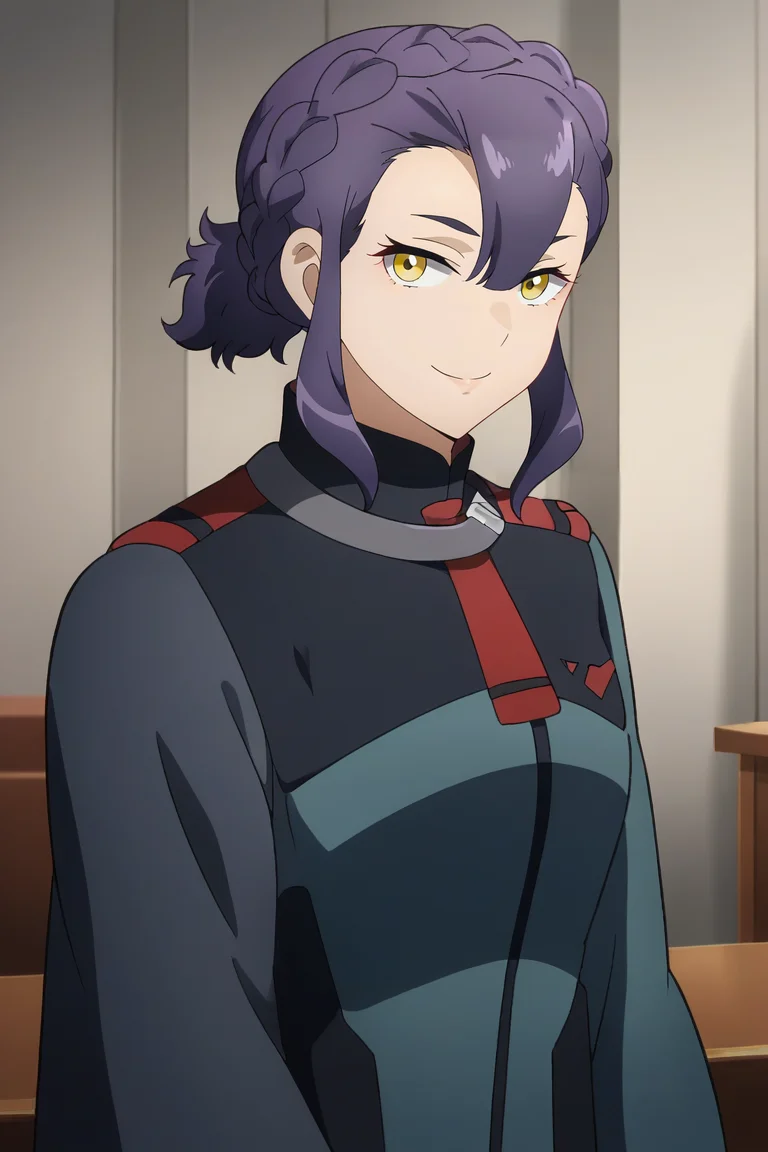 <lora:Sabina_Fardin:1>,sabina,1girl,braid,yellow eyes,purple hair,uniform,upper body,looking at viewer,smile,indoors