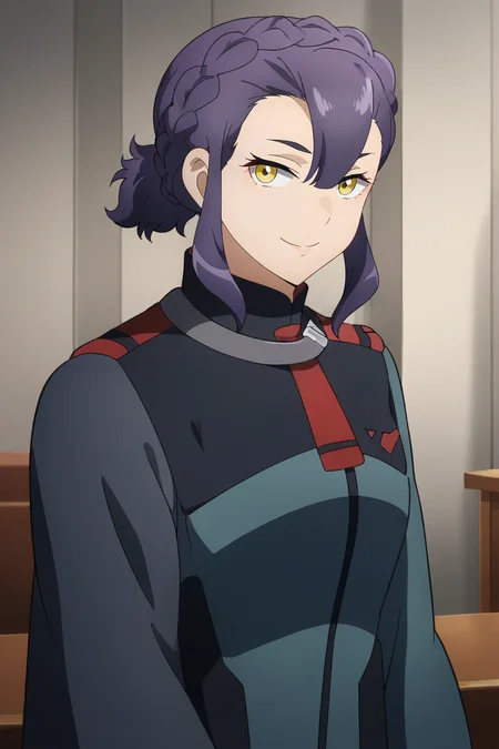 <lora:Sabina_Fardin:1>,sabina,1girl,braid,yellow eyes,purple hair,uniform,upper body,looking at viewer,smile,indoors