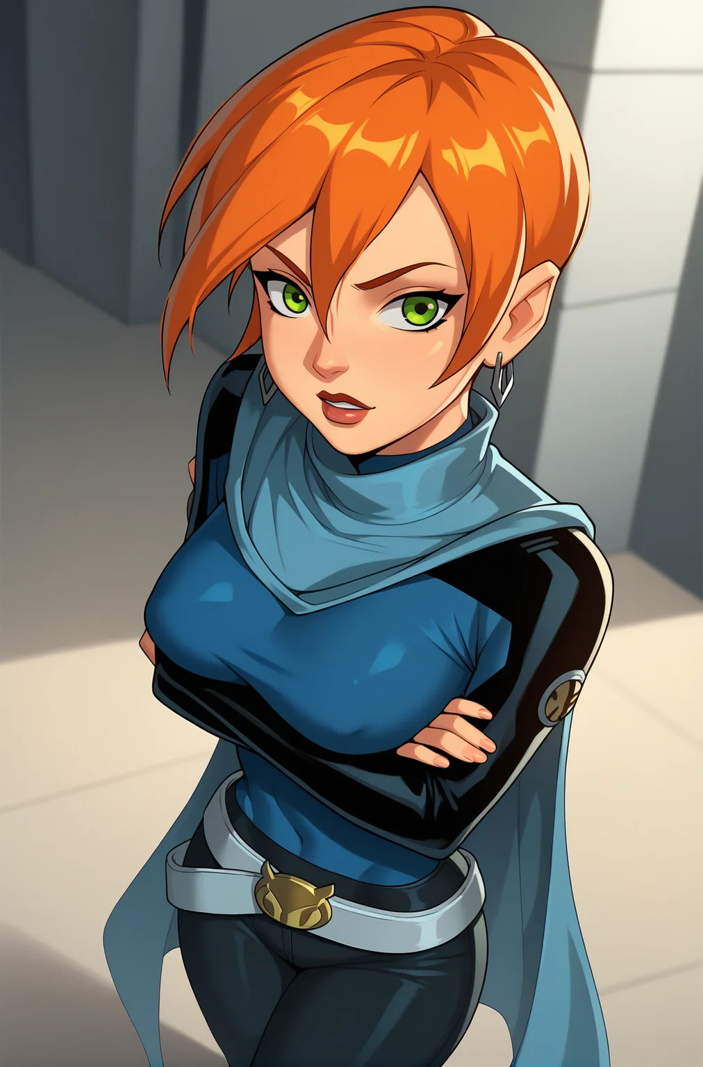 score_9, score_8_up, score_7_up, score_6_up, vivid colors, shiny skin, skindentation, deep skin, depth of field, high quality, highres, (dynamic angle,dynamic pose),
futuregwenxl, 1girl, solo, short hair, open mouth, jewelry, shirt, long sleeves, green eyes, earrings, belt, cape, orange hair, pants, gwen tennyson
BREAK
masterpiece,high quality
<lora:Future_Gwen_Ben10Pony:0.9>