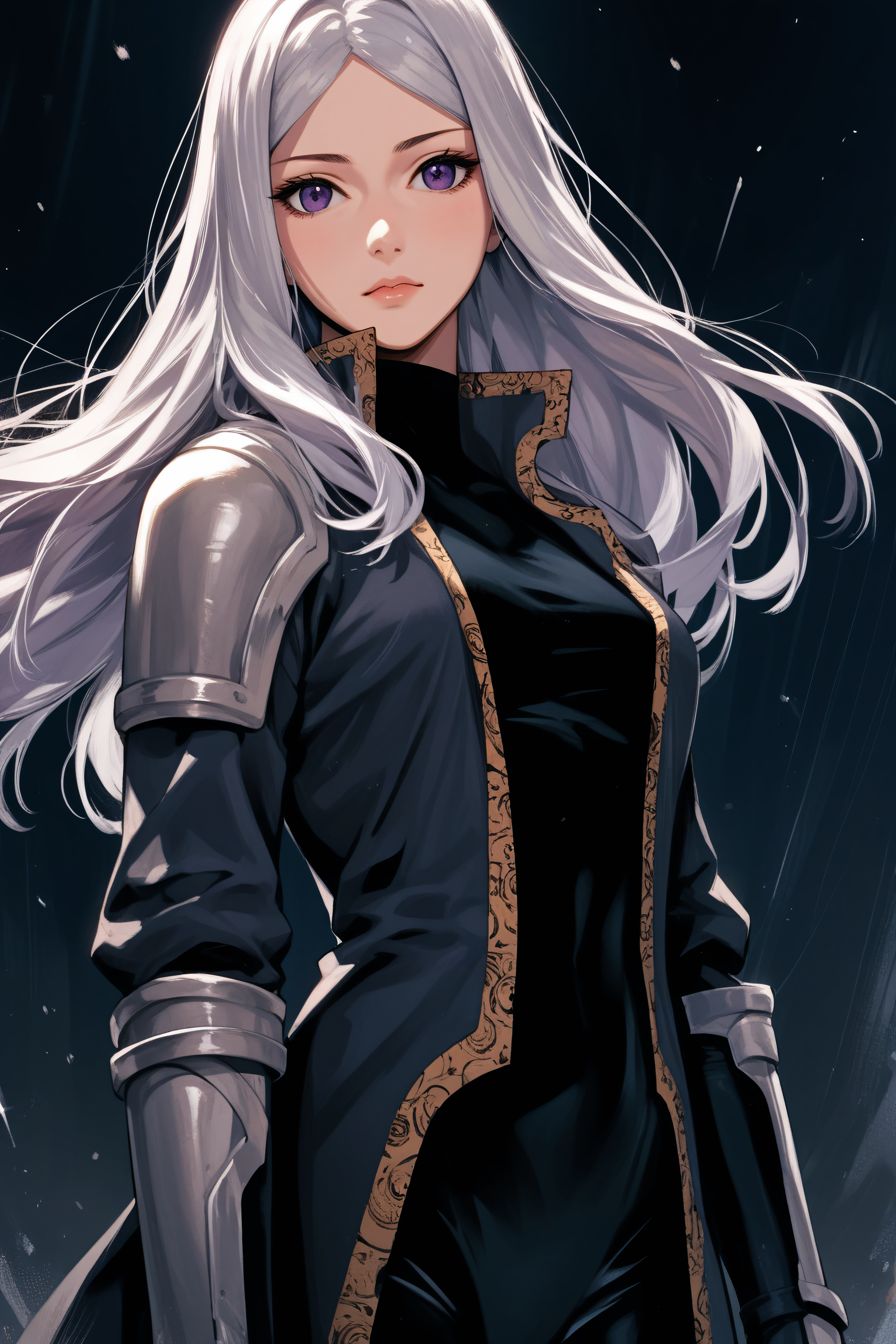score_9, score_8_up, score_7_up, score_6_up, source_anime, <lora:Luna Runcandel-PonyXL-lora-Faxtron:1> luna runcandel, purple eyes, white hair, long hair, medium breasts, coat, bodysuit, gauntlets, pauldrons, standing,