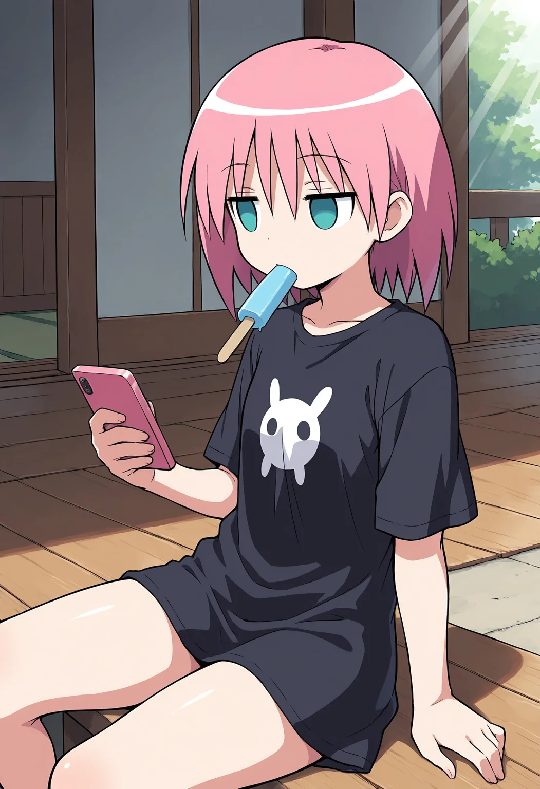 masterpiece, best quality, amazing quality, <lora:GF-Battlegirl-V3_alt-000015:1>, 1girl, solo, GF-Borg34, pink hair, short hair, aqua eyes, empty eyes, no pupils, oversized black shirt, sitting, on porch, holding phone, bored, jitome, looking at phone, sunbeam, east asian architecture, relaxing, three quarter view, outdoors, popsicle in mouth, pov,
