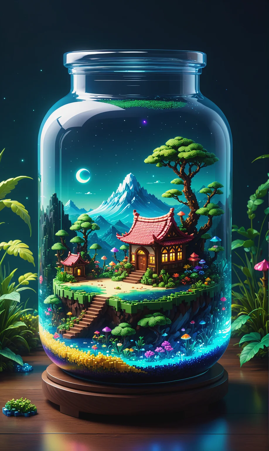 A jar encapsulating a fantastical realm, pixel art style, high saturation, vibrant hues of an enchanting landscape contained within glass, floating islands, mythical creatures visible through the transparency, twinkle of magical elements, depth illusion created by pixel gradient, ambient occlusion for a tactile feel, pixel-perfect illumination, 8-bit charm, ultrafine details, nostalgic aesthetic.<lora:xl_more_art-full_v1:0.3>