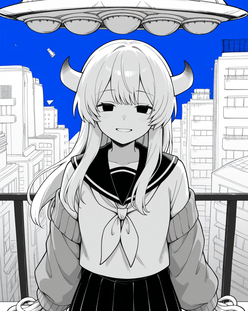1girl, solo, isei ni ikou ne \(cevio\), horns, white hair, long hair, black eyes, empty eyes, serafuku, neckerchief, cardigan, open cardigan, black pleated skirt, tentacle hands, smile, looking at viewer, upper body, monochrome, ufo, city, blue background, masterpiece, best quality, very aesthetic, absurdres