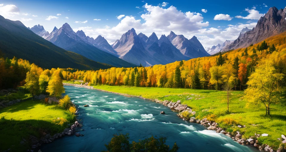 detailed background, masterpiece, best quality, scenery, mountains, river, forest, sun, day, clouds