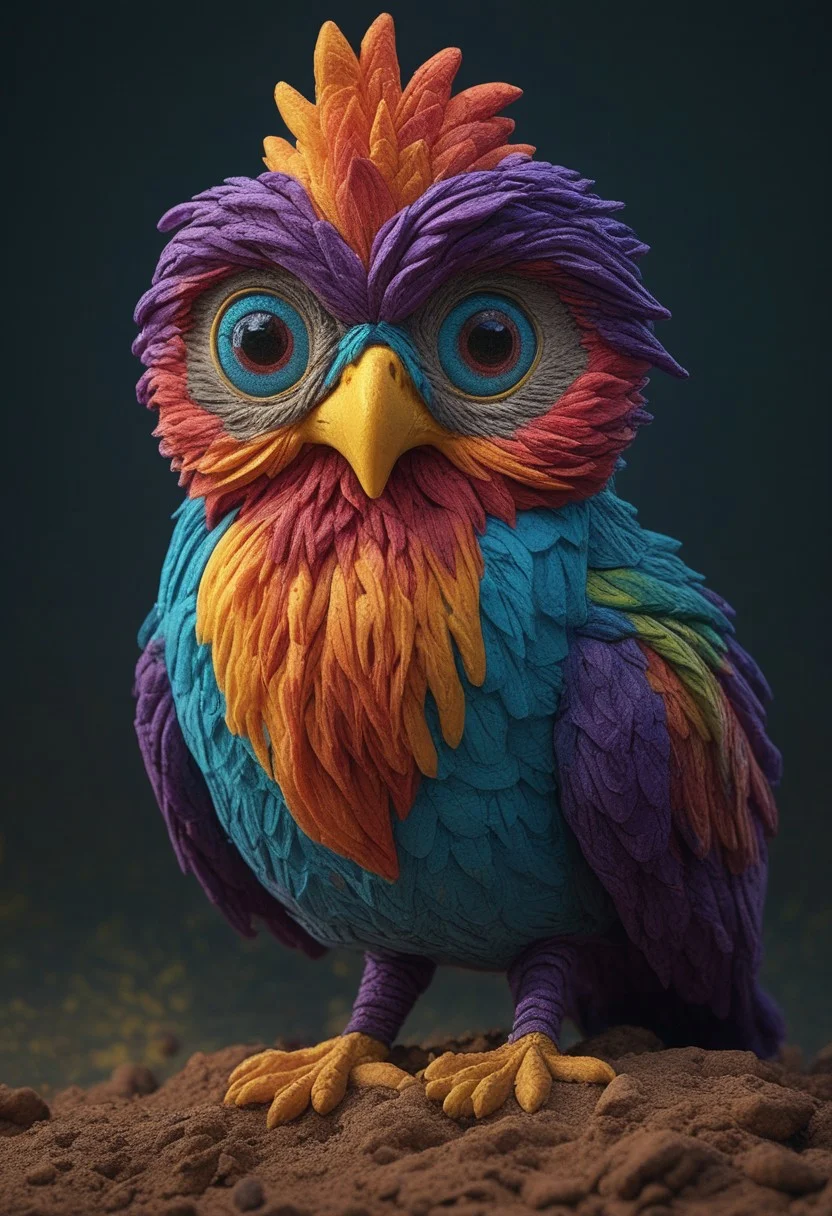 a cute chibby chicken mixed with a owl with big rainbow eyes made out of clay, it wears a cool rainbow bandana, very detailed, 4k, sharp, eating rainbow worms, novuschroma51 style