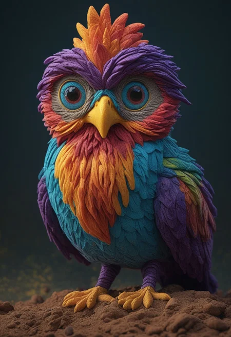 a cute chibby chicken mixed with a owl with big rainbow eyes made out of clay, it wears a cool rainbow bandana, very detailed, 4k, sharp, eating rainbow worms, novuschroma51 style