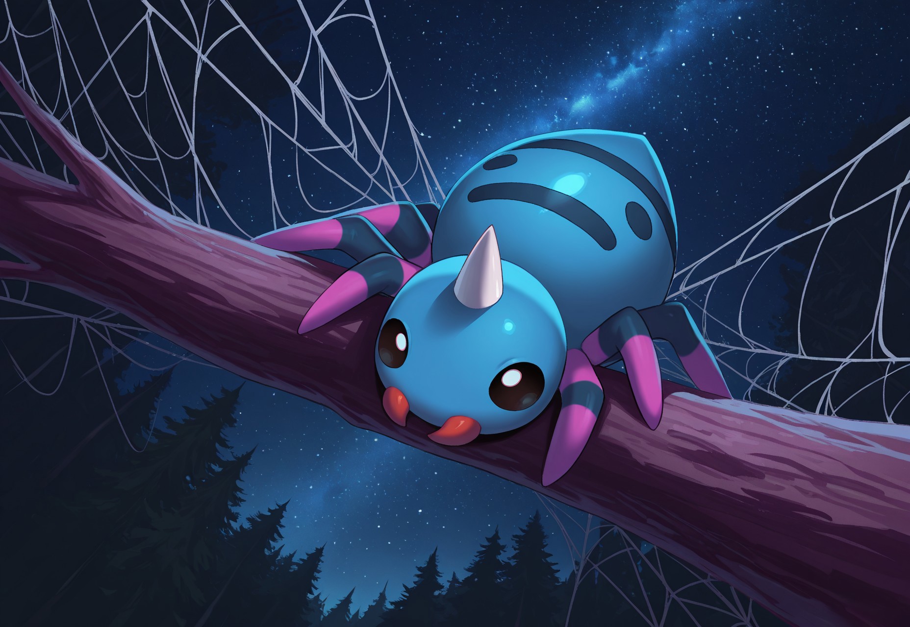 masterpiece, best quality, amazing quality, very aesthetic, absurdres, PKMN_Spinarak, 1other, black eyes, single horn, spider, ShinySpinarak, 1other, alternate color, blue skin, red fangs, pink legs, blue body markings, forest, in tree, perspective, spider web, silk, night, dark, starry sky