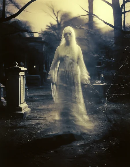 analog candid dusty old vintage (close-up:1.4) photo of a ghost girl walking through the woods at night, cemetery in the background
