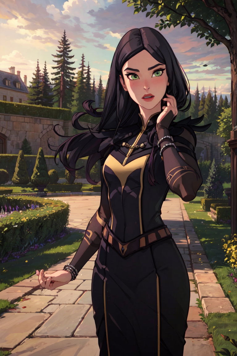 (Claudia), black dress, long hair, green eyes, purple magic, casting a spell,  (garden, brick path, trees), (realistic:1.2), (masterpiece:1.2), (full-body-shot:1),(Cowboy-shot:1.2), dark romantic lighting, (highly detailed:1.2), (detailed face:1.2), (gradients), colorful, detailed eyes, (natural lighting:1.2), solo, <lora:add_detail:0.3> <lora:DragonPrinceClaudia-10:0.8> <lora:BeautifulEyes:0.3>