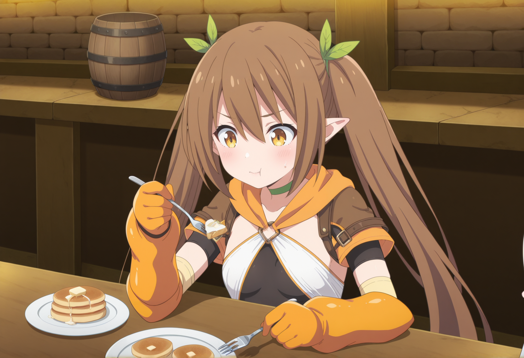 1girl, brown hair, yellow eyes, pointy ears, long hair, twintails, hair ornament, criss-cross halter, hood, choker, harness, elbow gloves, gauntlets, skirt, thigh boots, black bodysuit under clothes, short sleeves, sitting, indoors, tavern, pancakes, table, holding fork, holding kife, close-up, portrait <lora:nowa_unlimited:1>, masterpiece, best quality, amazing quality, very aesthetic, absurdres, highres, newest
