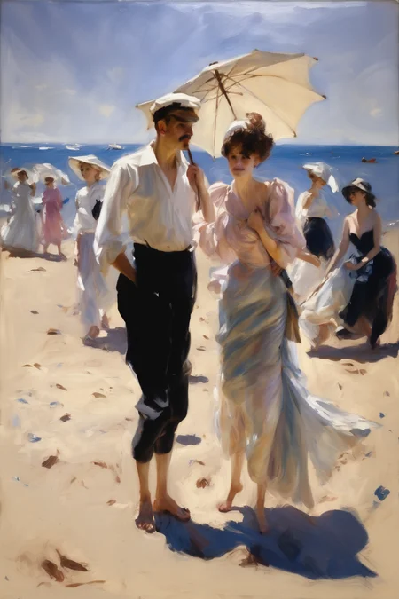 John Singer Sargent Style - An Impressionist oil painting, in the style of John Singer Sargent, of people on the beach in the sun.