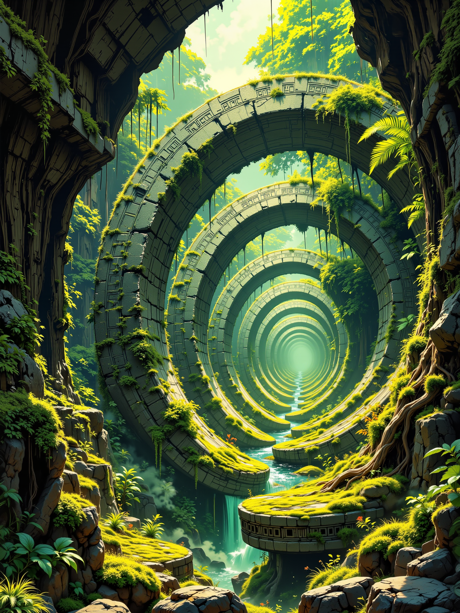 very overgrown perfect rings carved from alien stone stretching endlessly into the distance, ultra-high-resolution, 8k, 4k, cinematic sci-fi film still, ultra-detailed and photorealistic, deep within a lush otherworldly jungle valley, a colossal sequence of circular stone rings meanders into the distance, their perfect curvature forming an immense tunnel-like corridor that stretches beyond sight, the rings resemble the ribcage of an ancient primordial serpent, each one towering, and made from an alien shimmering metal alloy, the surfaces are etched with cryptic geometric patterns, subtly illuminated by faint, bioluminescent traces of energy that still linger despite the passage of centuries. the structure is heavily overgrown yet mysteriously untouched by decay, thick vines dangle from the segmented arches, their tendrils swaying gently in the humid air, vibrant alien moss carpets the surfaces, thriving in the deep crevices of the stone, small luminescent herbs sprout between the cracks, casting a soft glow that contrasts with the deep shadows of the structures cavernous interior, massive tree roots coil around the outermost rings, as if nature itself has embraced this forgotten relic. the perspective is low and deep within the structure, looking outward through the repeating arches as they frame the distant jungle beyond, atmospheric mist drifts through the openings, catching beams of golden light that pierce through the dense jungle canopy, emphasizing the sheer scale and depth of the corridor, the eye is naturally drawn toward the fading silhouettes of the final rings disappearing into the hazy, green-lit distance. the lighting is cinematic and moody, warm shafts of light filtering through the jungle canopy, creating a play of highlights and deep, mysterious shadows, the air is thick with humidity, soft mist curling around the base of the structure, faint motes of pollen drifting lazily through the air, evoking an ancient, almost sacred atmosphere. photographed with a large-format cinematic camera, capturing razor-sharp details in the stones intricate textures, the rich organic growth, and the interplay of light and shadow, a shallow depth of field emphasizes the immense scale while keeping the foreground rich with detail, subtle chromatic aberration and atmospheric haze add depth and realism, the color palette is dominated by deep greens, warm golds, and weathered stone grays, evoking a world where nature and forgotten technology have become one, ovg, aidmafluxpro1.1, <lora:style-legacy_of_the_forerunners-flux-by_bra2ha:0.8> <lora:flux_pro1.1_detailer-v0.3-flux-by_aidma:0.24>