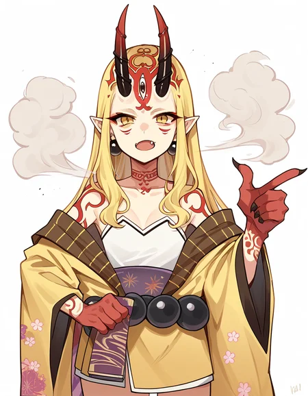 score_9, score_8_up, score_7_up, source_anime, <lora:fgo-ibaraki-douji-ponyxl-lora-nochekaiser:1>, ibaraki douji, blonde hair, facial mark, fang, forehead, horns, long hair, oni, oni horns, pointy ears, yellow eyes,, earrings, japanese clothes, jewelry, kimono, leg tattoo, neck tattoo, oni, oni horns, shoulder tattoo, tattoo, yellow kimono,, bookstore, browsing shelves, new book smell, finding a favorite, quiet atmosphere, , looking at viewer, hand showing a thumbs up, solo,, cowboy shot, dutch angle