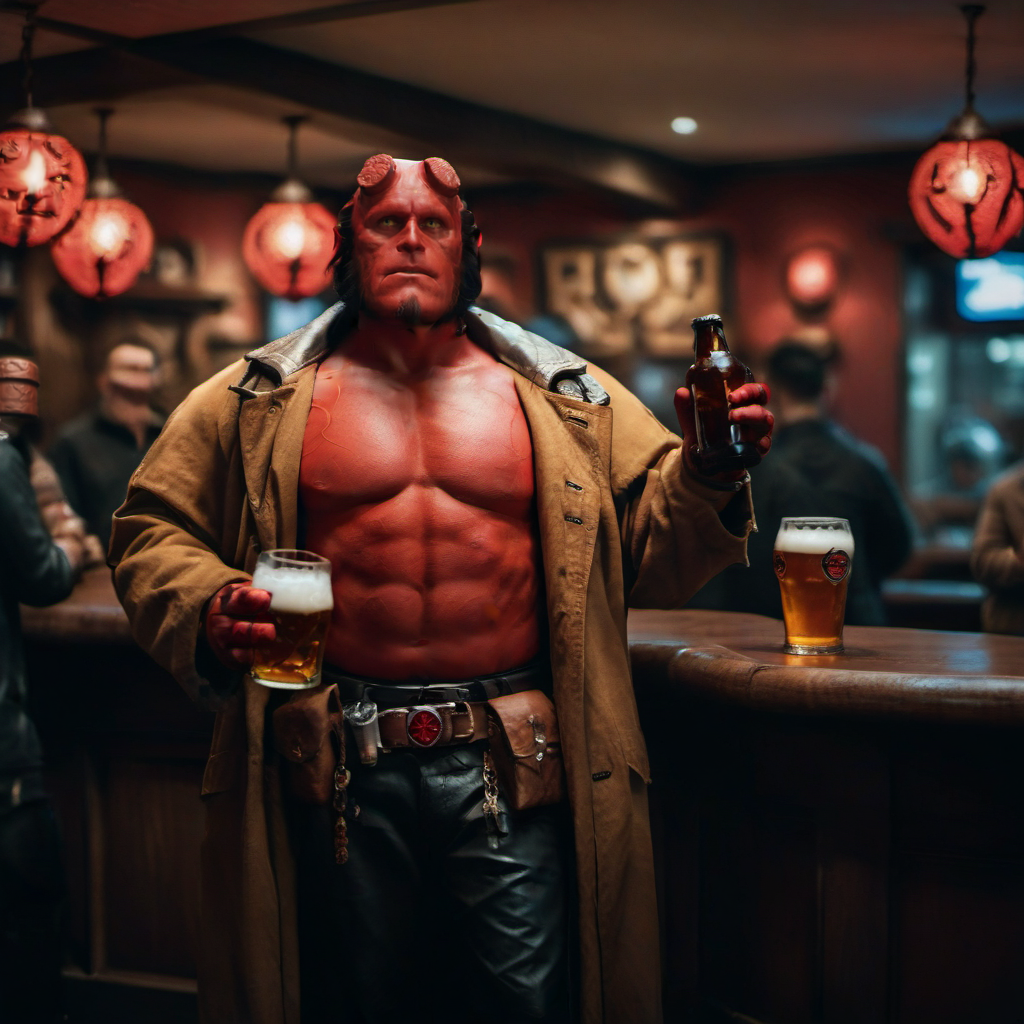 cinematic photo hellboy, a red  man shirtless, pants,  having a beer in a pub <lora:Hellboy1024:0.8> . 35mm photograph, film, bokeh, professional, 4k, highly detailed
