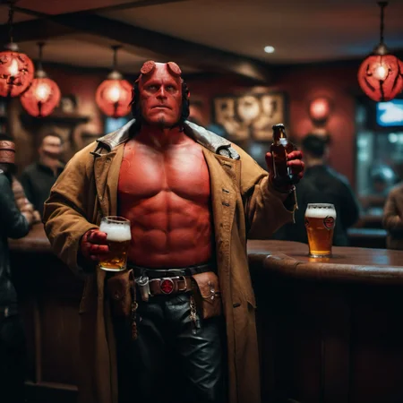 cinematic photo hellboy, a red man shirtless, pants, having a beer in a pub <lora:Hellboy1024:0.8> . 35mm photograph, film, bokeh, professional, 4k, highly detailed