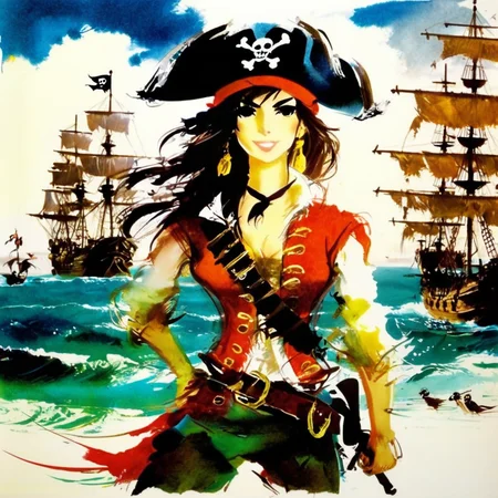 grabianski pirate girl with a sword, pirate ships in the background<lora:grabianski:1>