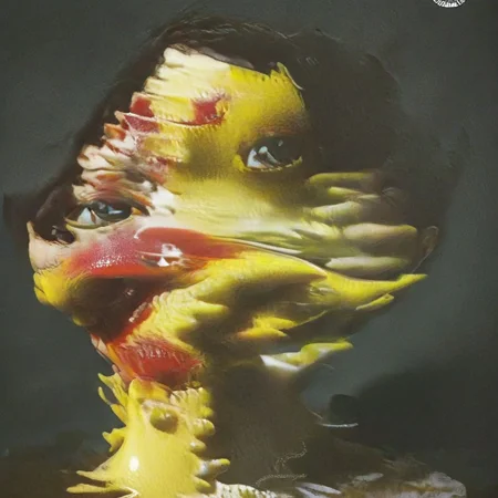 A close-up left facing profile portrait, a beautiful brunette woman with a Priapulida nose, colorful light from hoph fibration bundles dramatically distorting her features, fruit, watermelon, lime, lemons, grapes, ferns, Gnomonic projection distorting light from x y axis shift of hoph fibration bundles,
