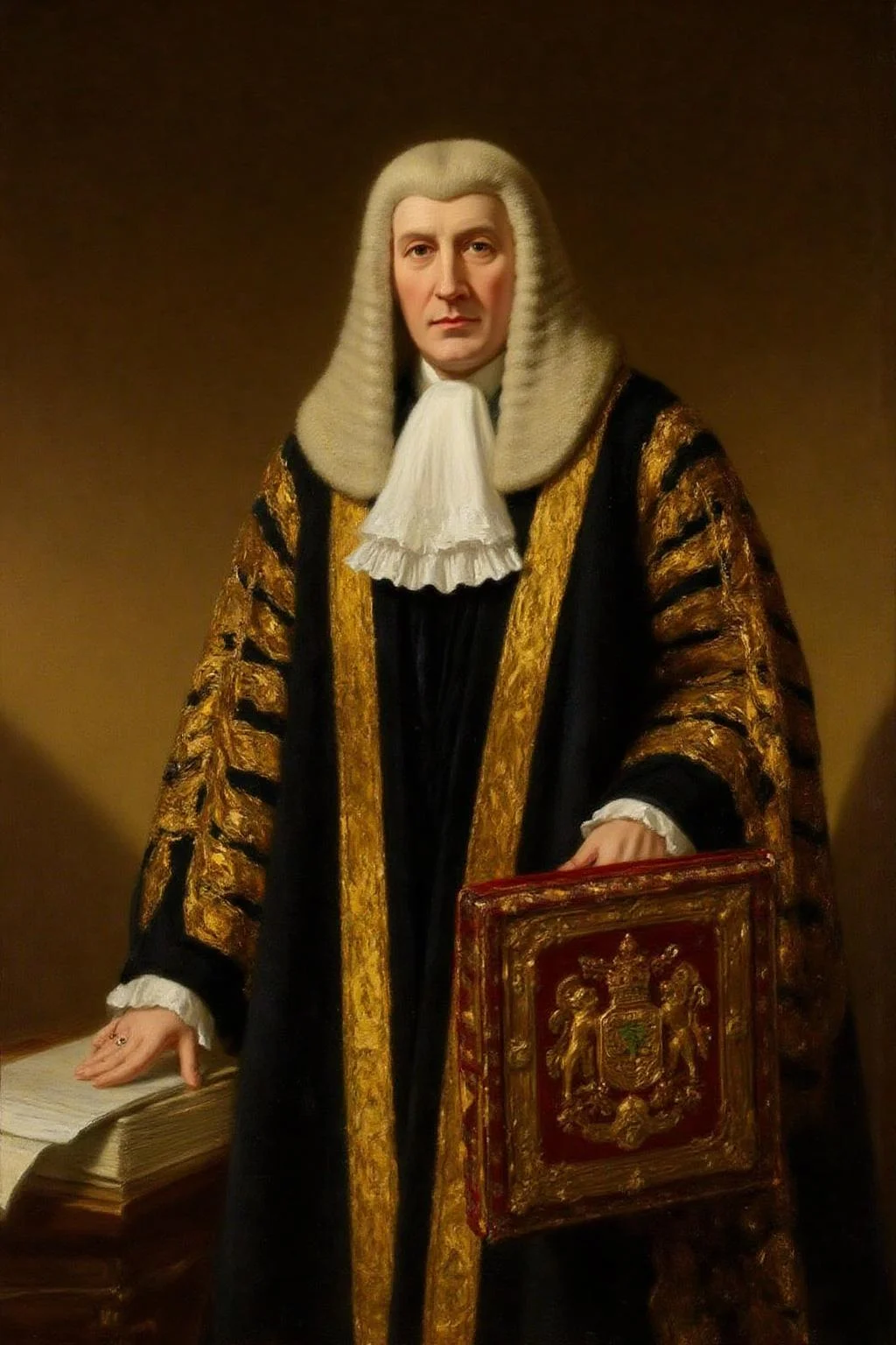 frankowensalisbury1 painting.
A British judge dressed in a formal judicial robe, adorned with intricate gold embroidery. He is carrying a rectangular padding with a large, ornate emblem. His other hand is resting on a piece of paper that lies on top of a book. The background is a plain, muted brown. <lora:frankowensalisbury1_cap_d8a4:1.0><lora:863250460327333705:0>