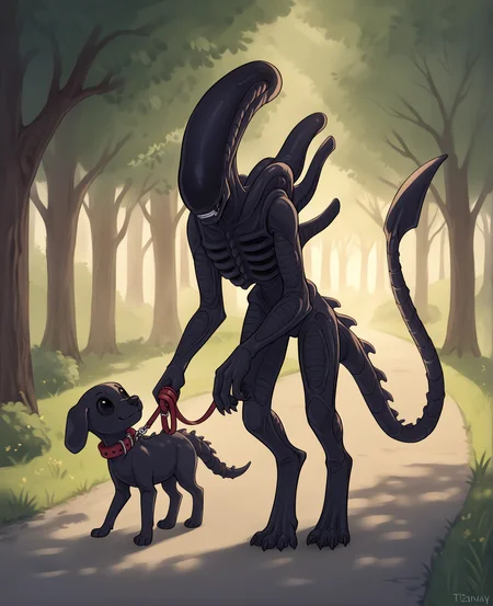 score_9, score_8_up, score_7_up, score_6_up, score_5_up, score_4_up, source_furry, [tlv|vd5g], alien, xenomorph, black body, black skin, solo, spiked tail, spikes, spikes \(anatomy\), tail, ambiguous gender, outside, park, motion lines, emanata, cute, backlighting, all fours, petplay, pet play, roleplay, dog walking, leash, holding_leash, child, human, male, 1boy, 1girl, (humor, funny, irony:1.4)
 <lora:xenomorph_pdxl:1>