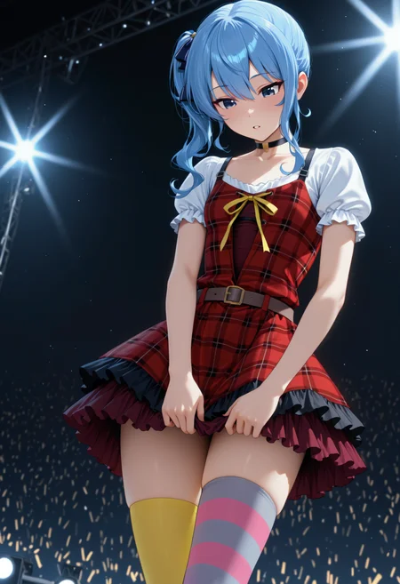 <lora:Char_Irisu_Makina:1>, M4k1Cas, black bow, choker, collarbone, pinafore dress, red dress, plaid dress, belt, white sleeves, short sleeves, puffy sleeves, yellow ribbon, layered skirt, mismatched legwear, asymmetrical legwear, pink striped thighhighs, yellow thighhighs,
hoshimachi suisei, blue hair, side ponytail, looking down, adjusting clothes, clothes pull, parted lips, stage lights,, very awa, masterpiece, best quality, highres, absurdres
