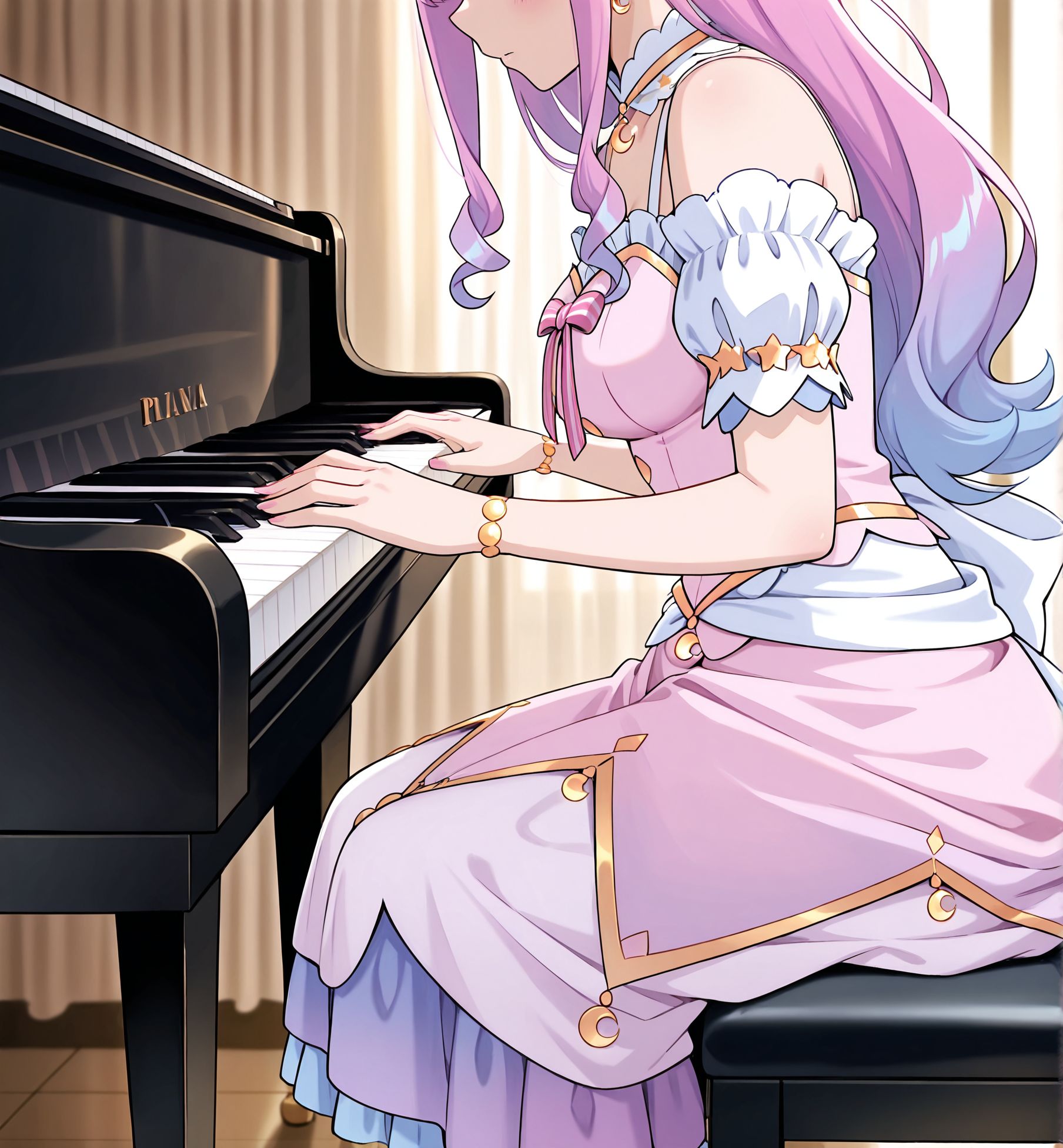 masterpiece, best quality, newest, absurdres, highres, detailed eyes, beautiful, detailed background, perfect eyes, anime coloring, anime screencap,
<lora:Erotic_Pianist:0.7> Erotic_ianistV1,
1girl,piano,instrument,breasts,
solo,sitting,piano bench, head out of frame,faceless female, 
play piano, hands on keyboard \(instrument\), from side, 
BREAK   
himemori luna \(1st costume\),