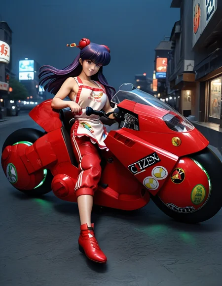 score_9, score_8_up, score_7_up, source_real, realistic, photorealistic, BREAK
,KanedaBike_Akira, motorcycle, motor vehicle, ground vehicle, 1girl, female focus, solo, on motorcycle, long hair, black hair, smoke from tire, cyberpunk, city, night, neon,
shampoo (ranma 1/2), purple hair, long hair, apron, red footwear, red eyes, hair bun, hair bell, hair ornament, double bun, bell, capri pants, red pants, smile, <lora:BDpony_KanedaBike_Akira_V1-5175:1> <lora:detailed_notrigger:1> <lora:zy_Detailed_Backgrounds_v1:1>