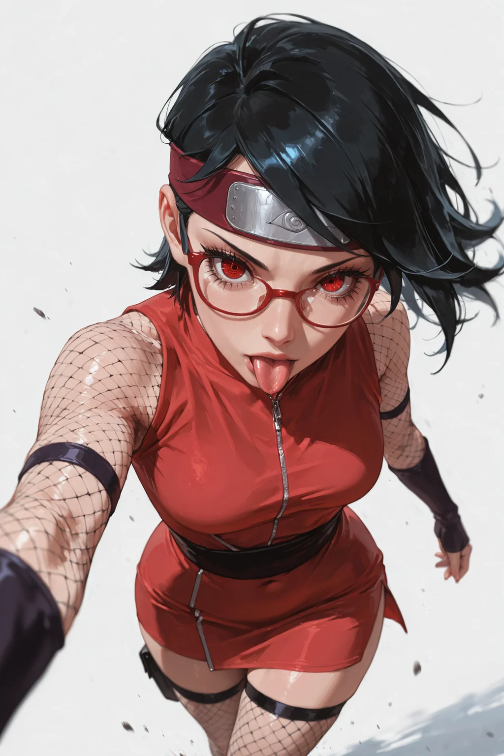 1girl, solo, uchiha sarada, medium breasts, wide hips, narrow waist, BREAK , ,dress, perspective, dynamic angle,long eyelashes, thick eyelashes, fishnet stockings, fishnet body suit, large eyes, detailed eyes, licking, simple background, looking at viewer masterwork, masterpiece, best quality, detailed, depth of field, , high detail, best quality, very aesthetic, 8k, dynamic pose, depth of field, dynamic angle, adult, aged up