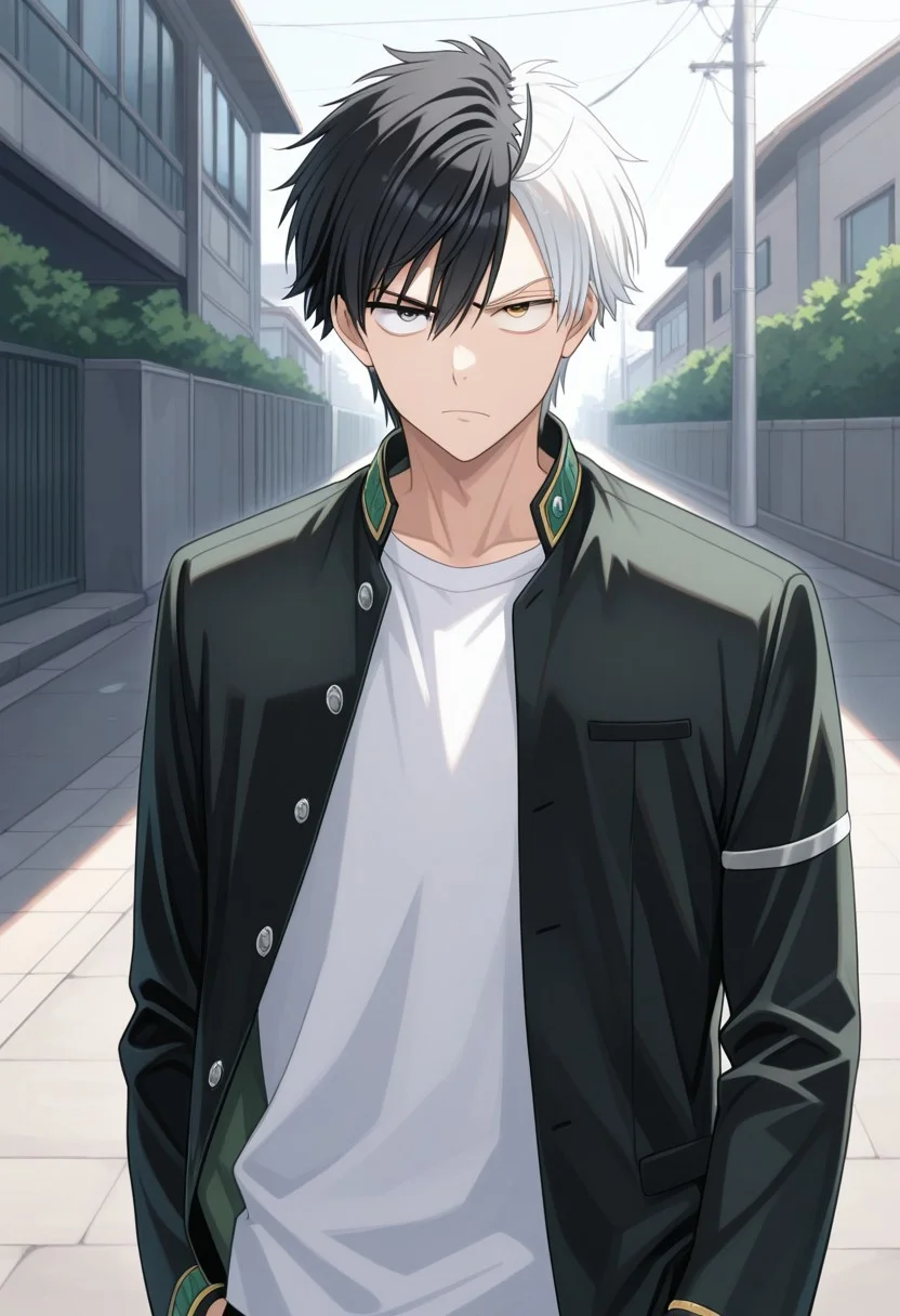masterpiece,best quality,amazing quality, source_anime,
sakuharuka, 1boy, male focus, solo, heterocromia, grey eyes, yellow eyes, split-color hair, black hair, white hair, school uniform, jacket, black jacket, open jacket, shirt, white shirt, sanpaku, looking at viewer, outdoor,