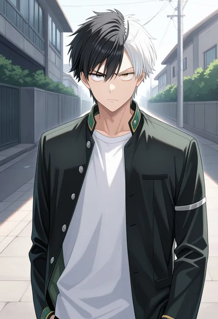 masterpiece,best quality,amazing quality, source_anime,
sakuharuka, 1boy, male focus, solo, heterocromia, grey eyes, yellow eyes, split-color hair, black hair, white hair, school uniform, jacket, black jacket, open jacket, shirt, white shirt, sanpaku, looking at viewer, outdoor,